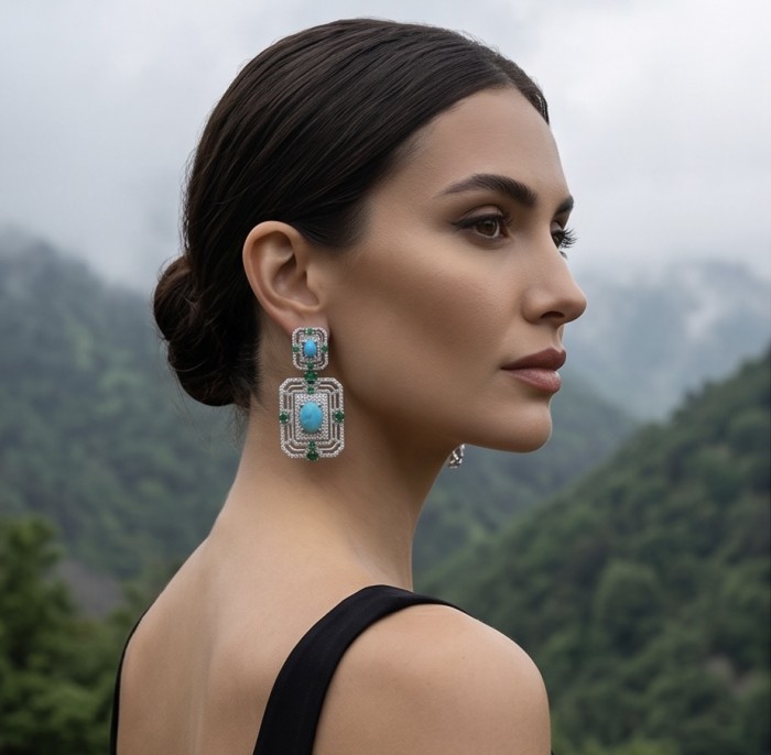 Art Deco - Pacifica - 108.8 carat Turquoise Emerald .925 Sterling Silver handmade Statement LONG Earrings - Side view of earrings with turquoise and emerald details in a scenic backdrop.