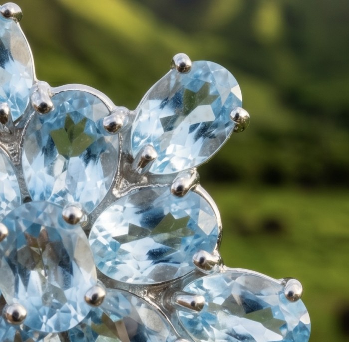 Blue Star 11.4 carat genuine Swiss Blue Topaz .925 Sterling Silver handmade Statement Pendant - Close-up of Blue Star 11.4 carat Swiss Blue Topaz stones in silver setting.