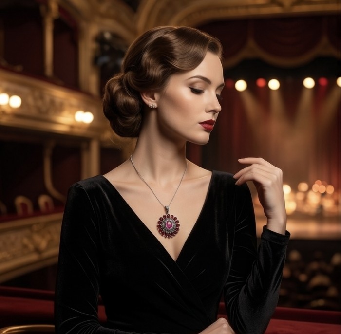 Giovanna 22.2 carat authentic Mozambique Ruby Marcasite .925 Sterling Silver handmade Pendant - Elegant woman wearing the Giovanna Mozambique Ruby necklace at an opera.