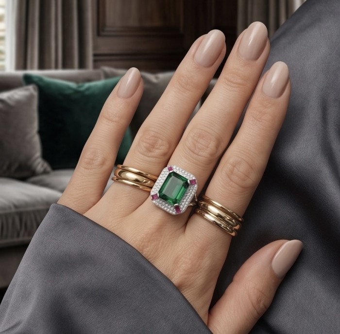 Art Deco 16.6 ctw Emerald .925 Sterling Silver handcrafted Statement Ring size 8 - Art Deco 16.6 ctw Emerald ring worn on hand, front view.