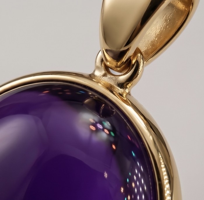 Mademoiselle - 12.5 carat natural Amethyst .925 Sterling Silver dipped in 22K Gold handcrafted Pendant - Stone close-up of Mademoiselle amethyst pendant in gold setting