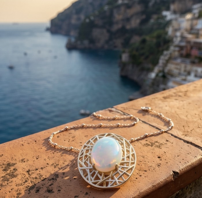 Earth Treasure Authentic 12.8 carat Golden Ethiopian Opal 22K Gold over .925 Sterling Silver handcrafted Statament Necklace - Close-up of Earth Treasure Ethiopian Opal necklace on a seaside ledge.