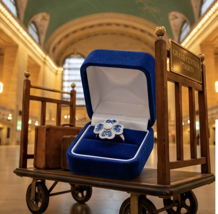 Art deco - Real 3.2 carat Sapphire Italy Made Silver Sterling Silver spinning ring s. 8 1/4 - Sapphire flower ring in box on trolley at Grand Central Station