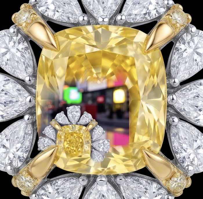 Art Deco - Luxurious baguette cut 10.9 carat Yellow Sapphire 2 tones 22K Gold .925 Sterling Silver handcrafted earrings - Close-up of Art Deco 10.9 carat yellow sapphire with diamond accents.
