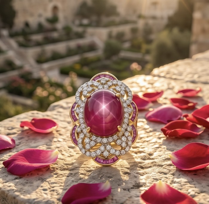 Empress 28.6 ctw Mozambique Star Ruby .925 Sterling Silver dipped in 22K Gold handcrafted Statement Ring size 7 - Star ruby ring with diamond accents on stone, surrounded by rose petals.