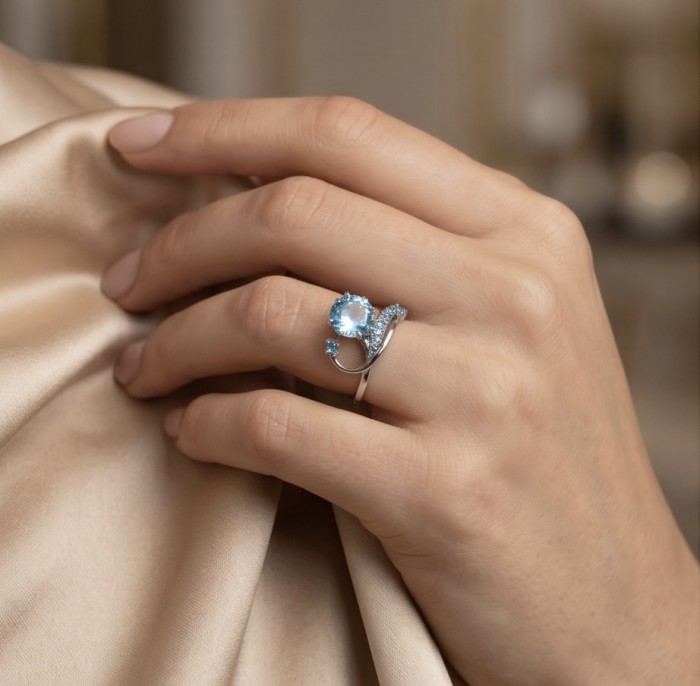 Atlantica 4.8 carat Swiss Blue Topaz .925 Sterling Silver dipped in rhodium handcrafted ring size 7 - Sterling silver ring with blue topaz worn on hand