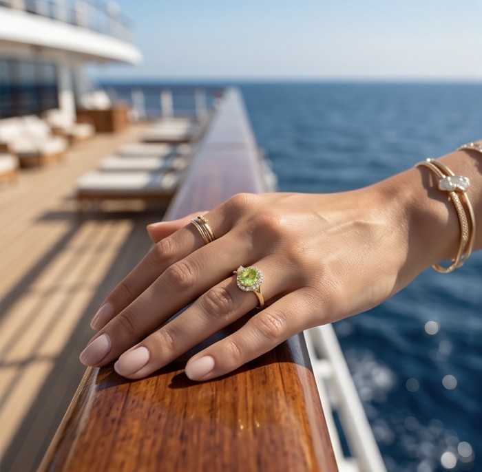 Summer - authentic 7.5 carat Peridot 18K Gold over .925 Sterling Silver Ring size 8 - Worn on hand, 7.5 carat Peridot ring in sunlight against ocean backdrop.