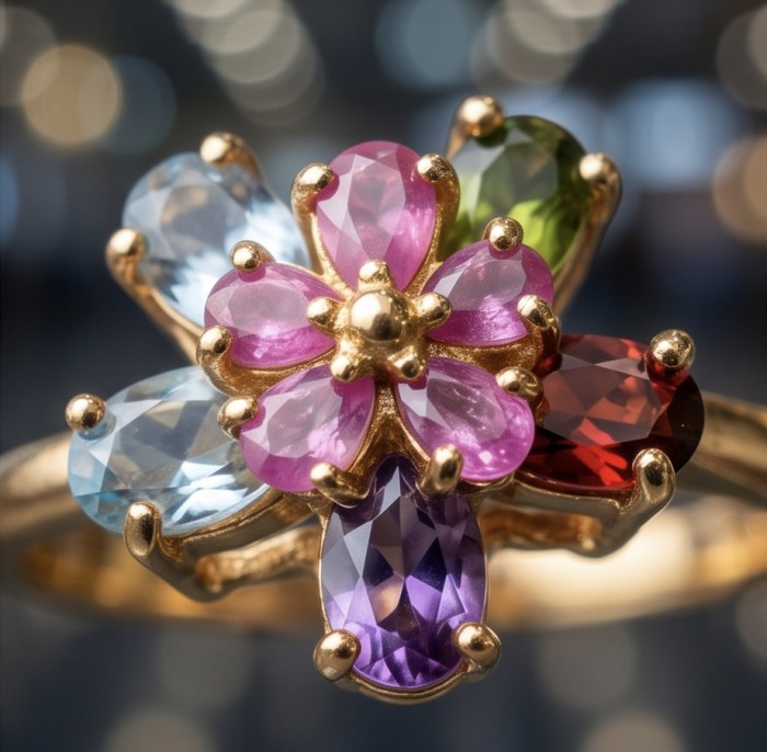 4.8 carat Brazilian Tourmaline .925 Sterling Silver dipped in 18K Gold Perfectly handcrafted Ring s. 8 - Close-up of colorful gemstone flower ring with gold accents