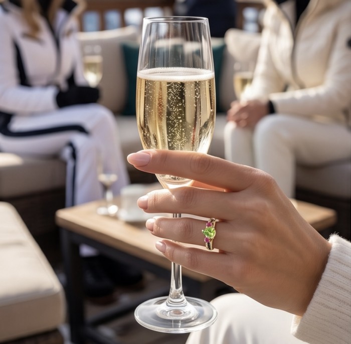 Stella 5.8 carat Swiss Blue Topaz .925 Sterling Silver dipped in 14K Gold handcrafted ring size 9 - Close-up of Stella ring worn on hand, holding a glass of champagne.