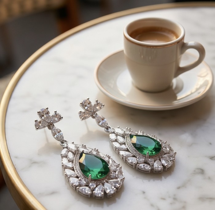 Magnificent Jewel 9.5 carat Emerald .925 Sterling Silver handcrafted Statement earrings - Emerald earrings on table next to a coffee cup, top-down view.