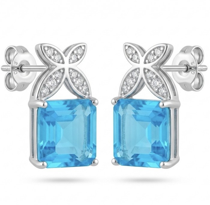 Stella 3.8 carat Swiss Blue Topaz .925 Sterling Silver handmade Earrings - Stella earrings, front view, Swiss Blue Topaz in sterling silver setting.