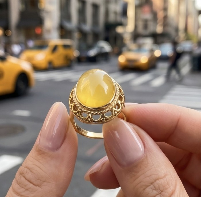Vintage Style Authentic Golden Butterscotch Baltic Amber 18K Gold over .925 Sterling Silver entirely handcrafted ring; s. 8 1/4 - Close-up of a vintage-style golden butterscotch amber ring held in hand