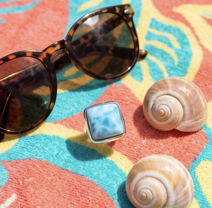 20.8 carat Blue Perfection natural Larimar .925 Sterling Silver handmade ring size 8 adjustable - Ring with blue stone, sunglasses, and seashells on a colorful towel