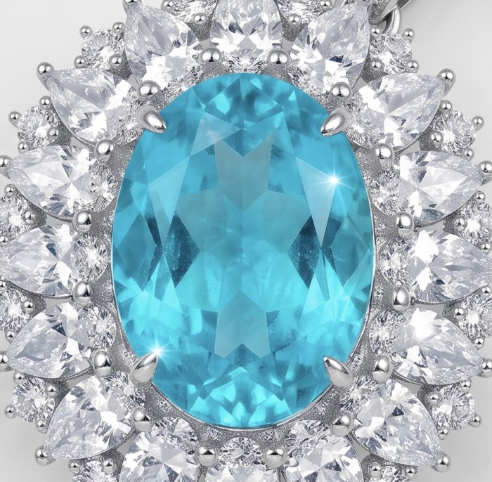 Brazilian's Briliance - oval cut 24.7 carat Paraiba Tourmaline .925 Sterling Silver handcrafted necklace - Close-up of Brazilian Brilliance 24.7 carat oval Paraiba Tourmaline pendant