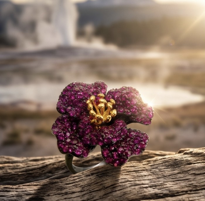Red Rose 22.5 carat Ruby black rhodium over 18K Gold .925 Sterling Silver handcrafted ring size 6 - Ruby rose ring on wood, close-up with sunrise background.