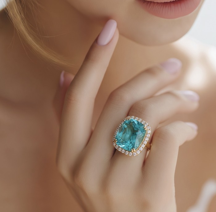 The Ocean Empress 57.8 carat Swiss Blue Topaz 22K Gold over .925 Sterling Silver dipped in rhodium handcrafted ring size 6 - Close-up of The Ocean Empress ring with blue topaz worn on hand
