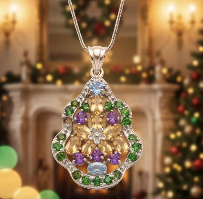 Giovanna - Authentic 18.9 carat Brazilian Citrine .925 Sterling Silver dipped in rhodium handcrafted Statement Pendant - Close-up of multicolored gemstone pendant against festive background