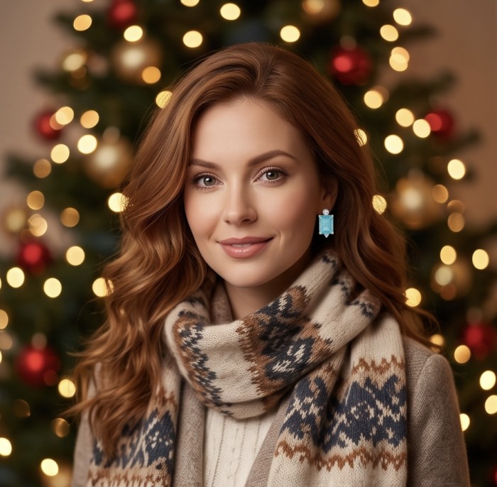 Angelina 5.9 carat authentic Aquamarine .925 Sterling Silver Handcrafted EARRINGS - Aquamarine earrings worn by woman in front of festive background
