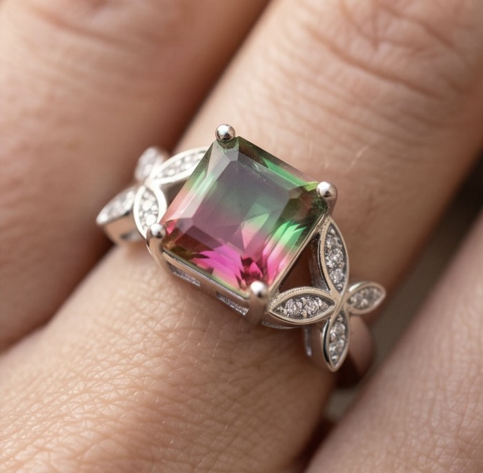 Isabella 5.2 carat emerald cut Brazilian Tourmaline .925 Sterling Silver Perfectly handcrafted Statement Ring size 8 - Emerald cut tourmaline ring worn on hand, floral details visible.