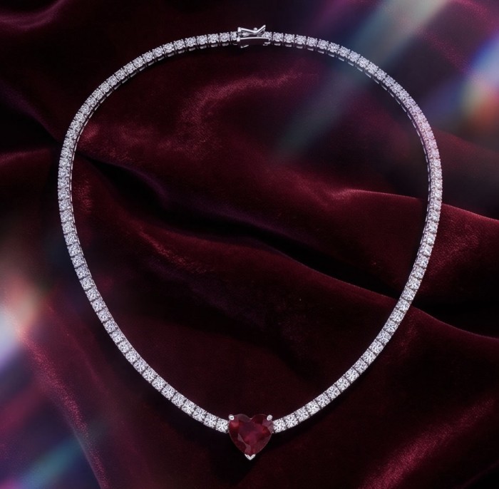 Red Heart - natural 8.5 carat Ruby .925 Sterling Silver handmade Statement necklace - Ruby heart necklace on velvet, top view, 8.5 ct ruby in sterling silver