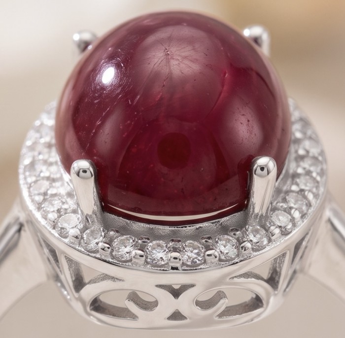 Scarlett 10.7 ctw Mozambique Ruby .925 Sterling Silver handcrafted Statement Ring size 7 - Close-up of Scarlett Mozambique Ruby in .925 Sterling Silver setting.