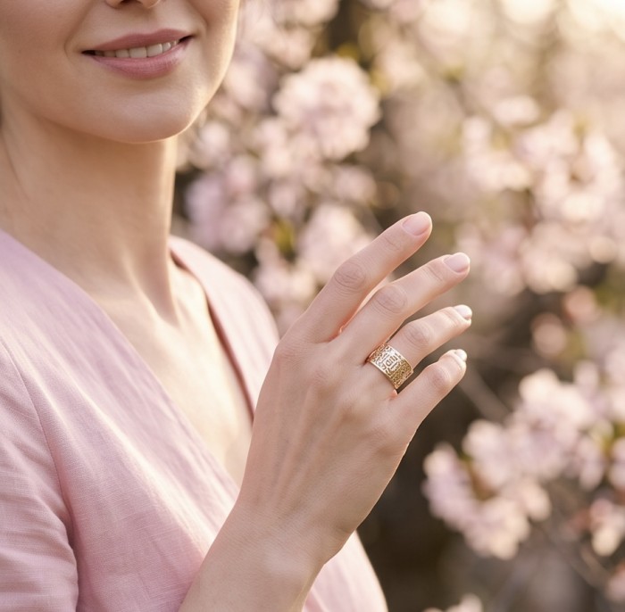 Secret code Precious Natural 18K Gold over .925 Sterling Silver Women ring size 8 - Woman wearing Secret Code ring, focus on hand and ring, soft floral background.