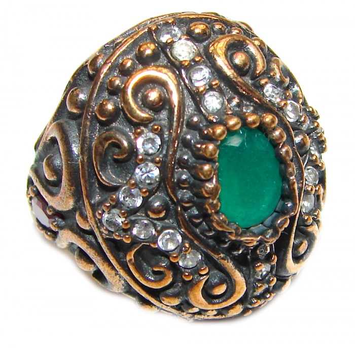 Victorian Style created Emerald & White Topaz Copper over Sterling Silver ring; s. 7 - photo 1
