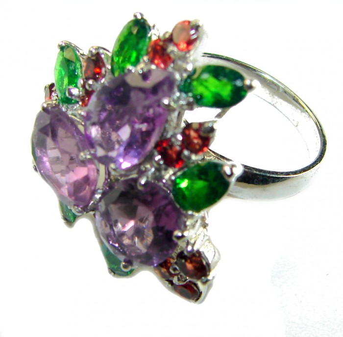 Exotic Flower 25.8 carat AUTHENTIC Amethyst .925 Sterling Silver Handcrafted Ring size 7 1/4 - Exotic Flower ring with amethyst and green stones, side angle view.