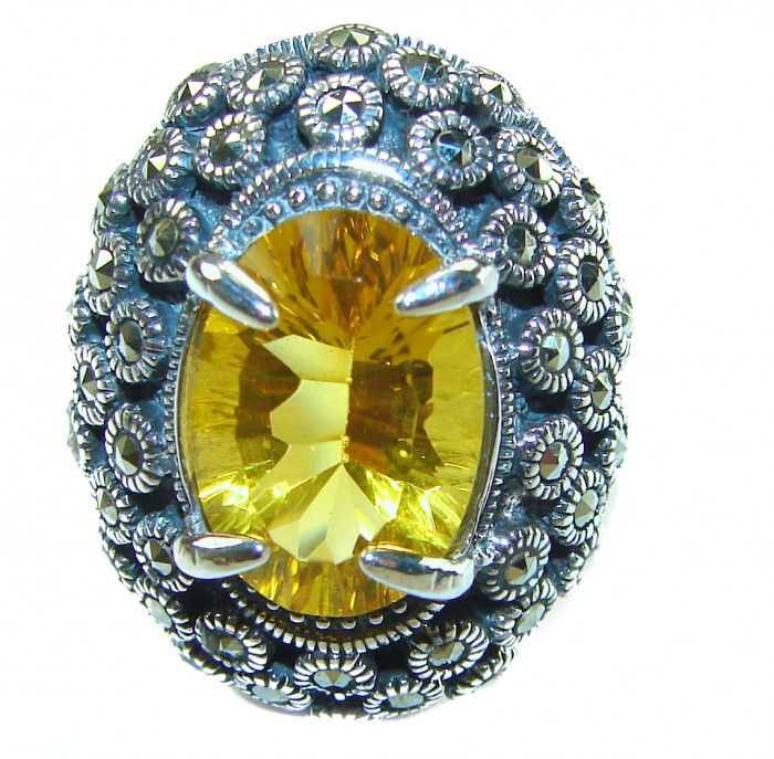 Golden Royalty 14.5 carat Citrine Marcasite .925 Sterling Silver Handcrafted Huge Ring size 8 - Close-up of Golden Royalty 14.5ct citrine and marcasite ring.