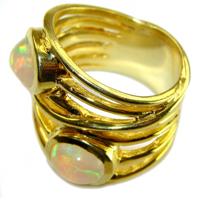 Golden Galaxy Genuine 7.8 carat Ethiopian Opal 14K White Gold over .925 Sterling Silver handmade Ring size 8 - Golden ring with opals, side view highlighting band design and stones