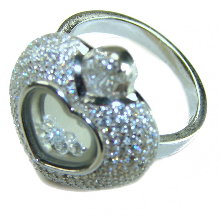 Precious Heart - Floating Memories 10.5 carat White Sapphire .925 Sterling Silver Handcrafted Statement Ring size 6 - Heart-shaped ring with white sapphires, stone close-up view.