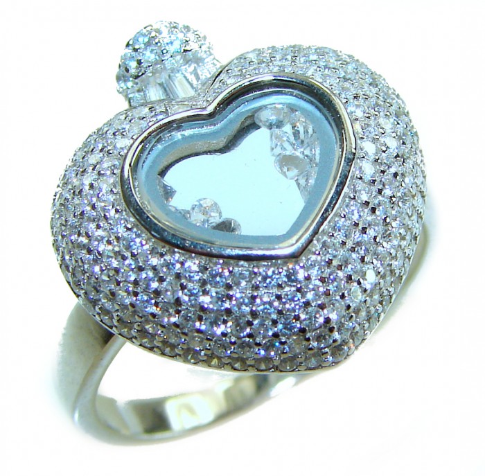 Precious Heart - Floating Memories 10.5 carat White Sapphire .925 Sterling Silver Handcrafted Statement Ring size 9 - Side view of heart-shaped ring with white sapphire accents.