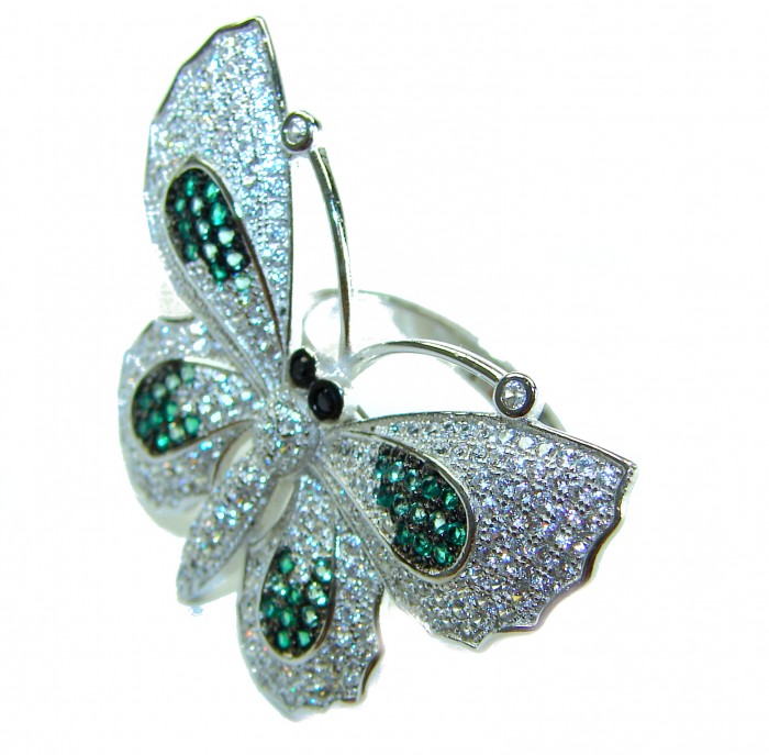 Precious Butterfly Genuine 10.5 carat Emerald .925 Sterling Silver handmade LARGE Statement Ring size 8 - Butterfly ring with emeralds and diamonds, front angle view
