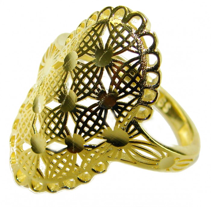 Dubai Style - .925 Sterling Silver dipped in 22K Gold handmade Large ring size 10 - Intricate gold-plated ring, top view, featuring a floral lace pattern.
