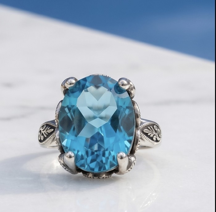 Massive Deep Blue 37.8 carat Aquamarine .925 Sterling Silver handcrafted Large ring size 8 - Close-up of aquamarine ring with detailed sterling silver setting.