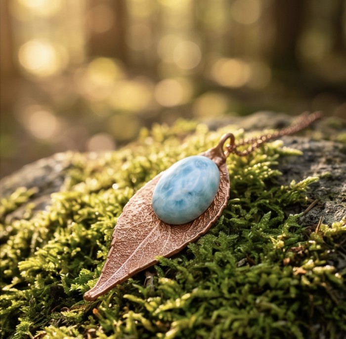 Stylish REAL Leaf dipped in gold REAL Larimar stone .925 Sterling Silver Pendant - Leaf pendant with Larimar stone on mossy surface, angled view.