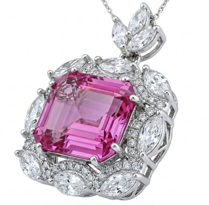 Vintage style boquette cut 12.8 carat Pink Sapphire .925 Sterling Silver DIPPED IN RHODIUM handmade Pendant - Close-up of vintage 12.8 carat pink sapphire pendant with diamond accents