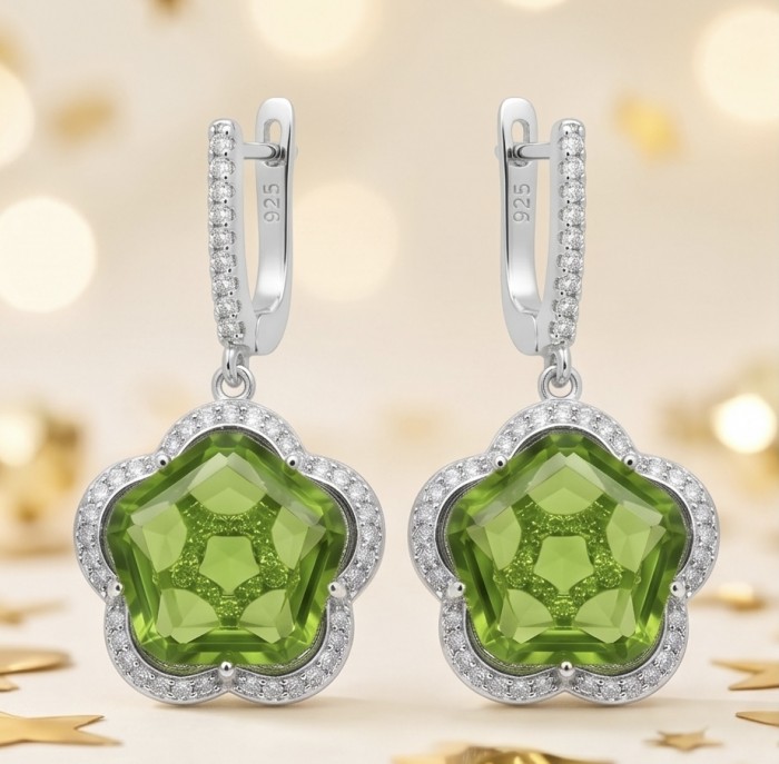 Green Clover 10.9 carat authentic Brazilian Peridot .925 Sterling Silver Handcrafted Statement Earrings - Close-up of green clover peridot earrings with silver and diamond accents.