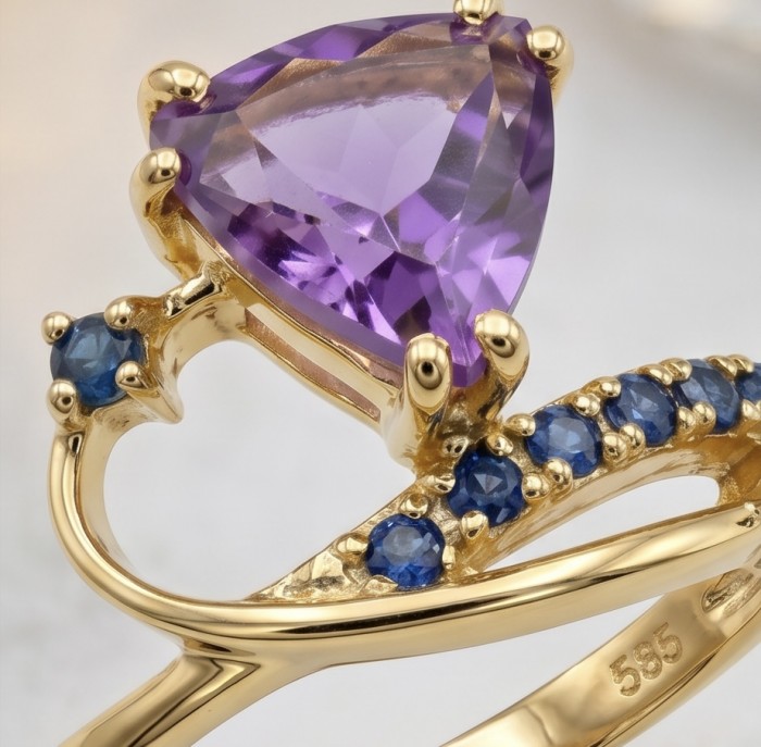 Purple Queen trillion cut 5.2 carat Amethyst 18K Gold over .925 Sterling Silver Handcrafted Ring size 8 - Close-up of Purple Queen amethyst ring in 18K gold with blue accents