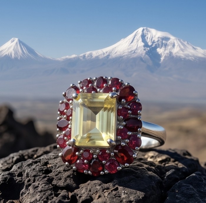 Golden Dream 9.8 carat Brazilian Citrine Garnet .925 Sterling Silver Handcrafted Ring size 8 - Close-up of Golden Dream citrine and garnet ring with mountain backdrop
