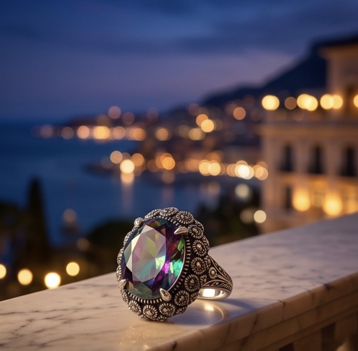 Big Dreamer Massive 20.8 carat Mystic Topaz .925 Sterling Silver handcrafted Large ring size 9 3/4 - Mystic Topaz ring on railing with city nightscape in background