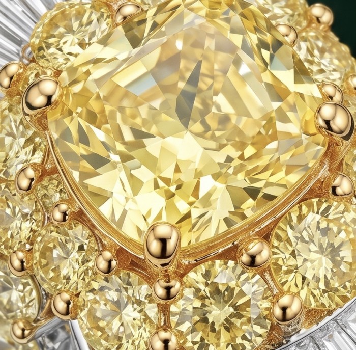 Wearable Art - Art Deco - Solid 25.8 carat Genuine Yellow Sapphire .925 Sterling Silver handcrafted ring size 6 - Close-up of 25.8 carat yellow gemstone in gold Art Deco setting.