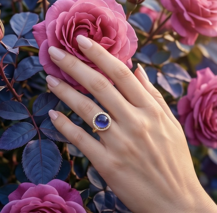 Precious Design round cut 12.9 CARAT Tanzanite 22K Gold over .925 Sterling Silver Statement Ring s. 6 1/4 - Tanzanite ring in 22K gold worn on hand with pink roses background.