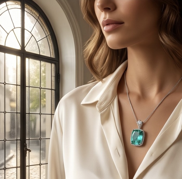Brazilian's Briliance - emerald cut 31.7 carat Paraiba Tourmaline .925 Sterling Silver handcrafted necklace - Woman wearing 31.7 carat Paraiba Tourmaline necklace, side view.