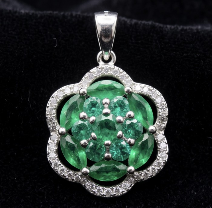 Tiffany - Authentic 8.5 carat Peridot Tsavorite Garnet rhodium over .925 Sterling Silver handmade Statement Pendant - Emerald pendant close-up with diamond accents on black background
