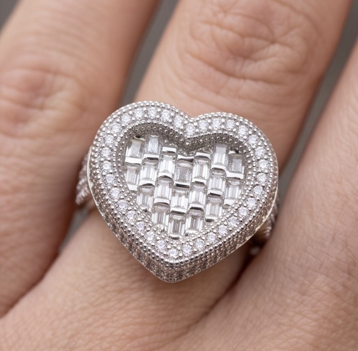 Art Deco Precious Heart - 10.5 carat White Sapphire .925 Sterling Silver Handcrafted Statement Ring size 7 1/2 - Heart-shaped sapphire ring close-up, worn on hand.