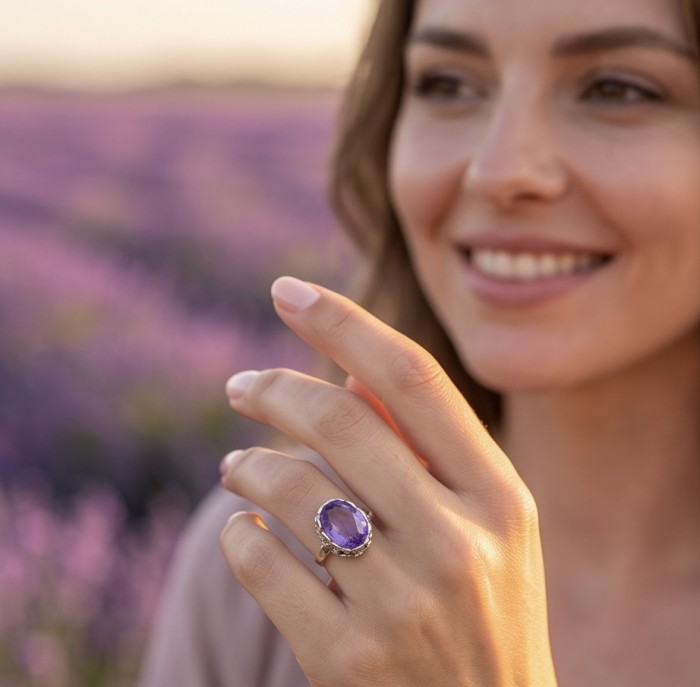 Top quality 14.4 carat Amethyst .925 Sterling Silver dipped in rhodium Handcrafted Ring size 7 - Amethyst ring worn on hand in a lavender field background.