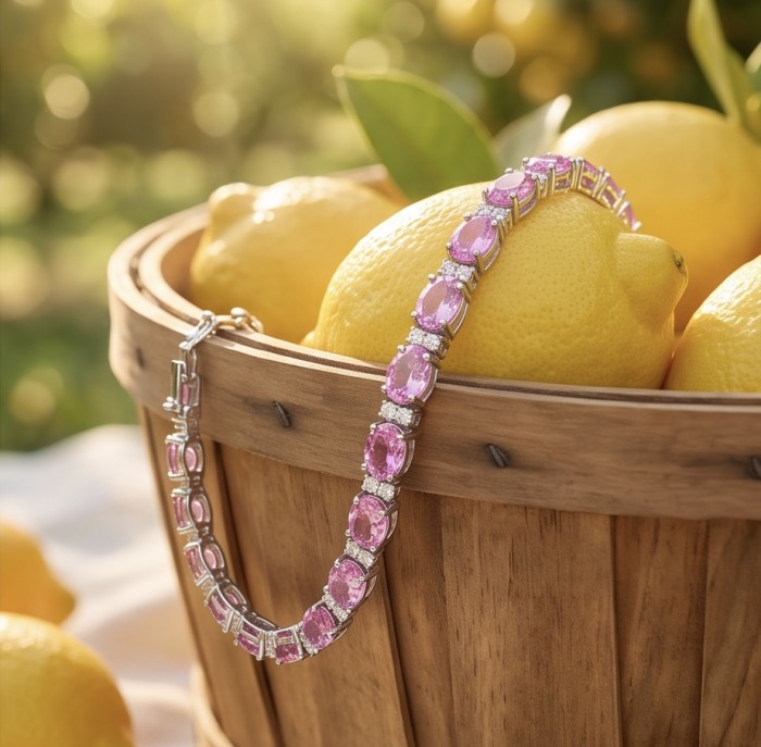 Luxurious 28.4 carat Pastel Light Pink Sapphire .925 Sterling Silver handcrafted Bracelet - Pink sapphire bracelet on lemons in a wooden basket, outdoor setting.