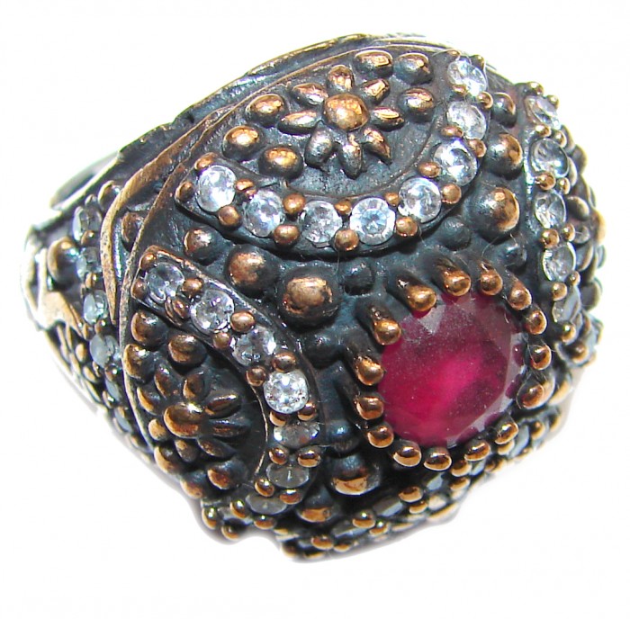 Large Victorian Style created Ruby & White Topaz Sterling Silver ring; s. 6 1/2 - photo 1