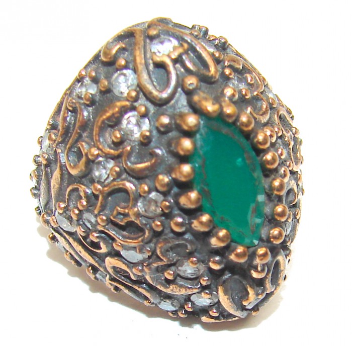 Victorian Style created Emerald & White Topaz Copper over Sterling Silver ring; s. 5 1/4 - photo 1